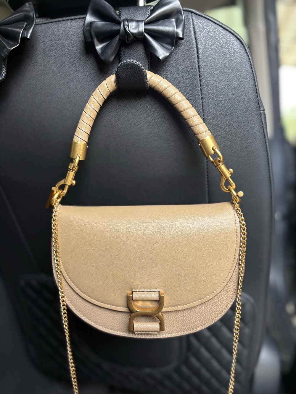 Handheld Half-Moon Leather Crossbody Bag in Beige